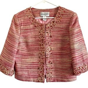 Victor Costa Women's Size 14 Red Cream Beaded Springtime Lined Tweed Crop Jacket
